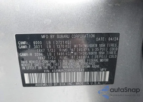 2024 Subaru Ascent Premium 8-Passenger из США, поврежденный, VIN 4S4WMACD9R3437649